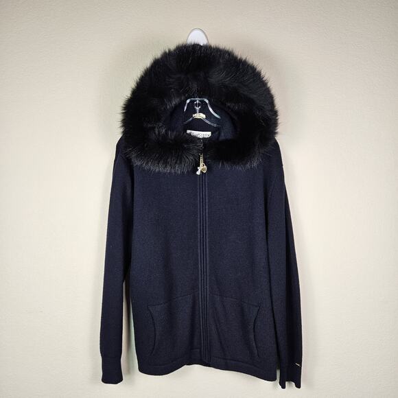 VTG St John Women Cashmere Cardigan Sweater Fox Fur Trim Hood Zip Jacket M Black - Picture 5 of 16